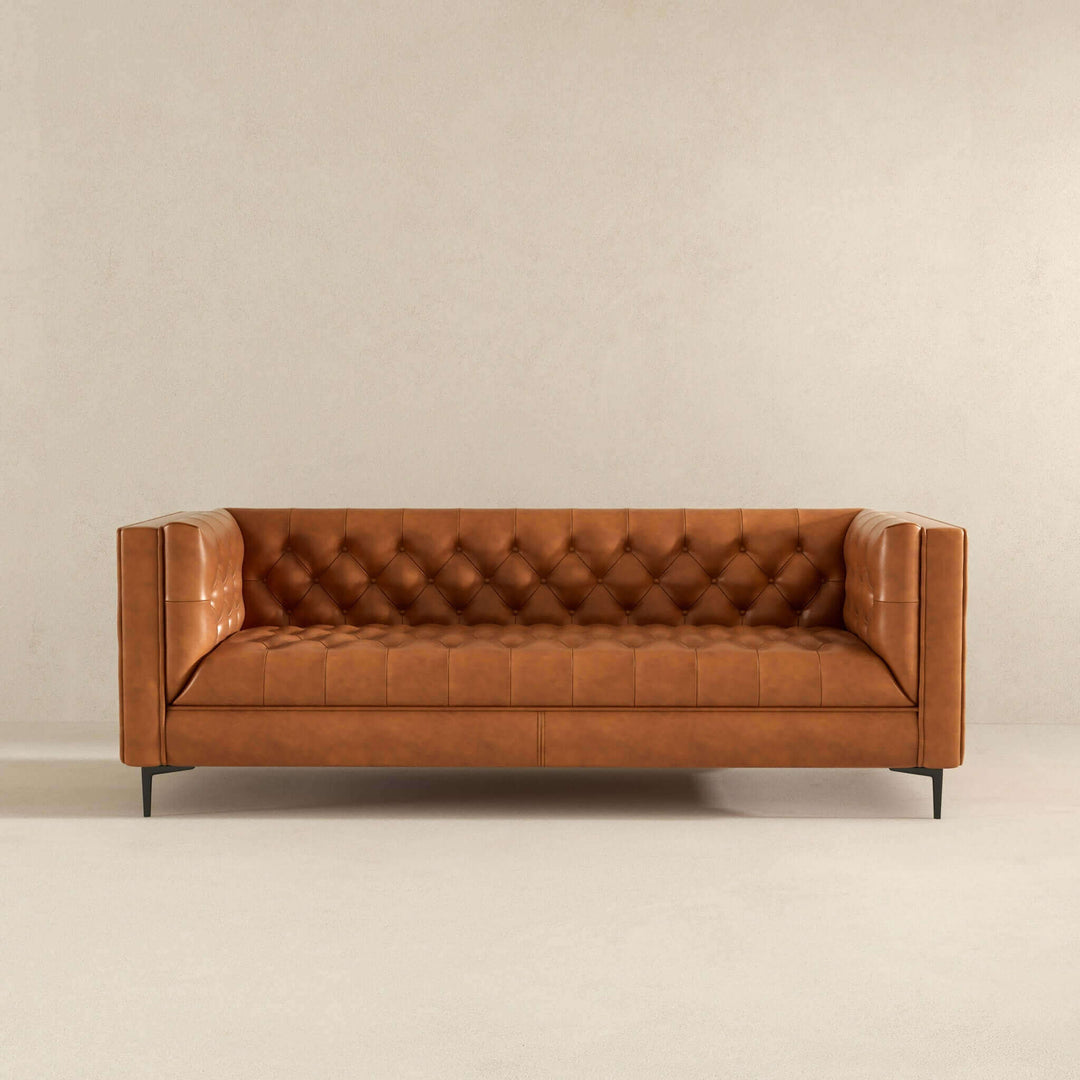 The Evelyn Mid Century Modern Cognac Leather Luxury Chesterfield Sofa Era and Style Inspired Home Décor 6