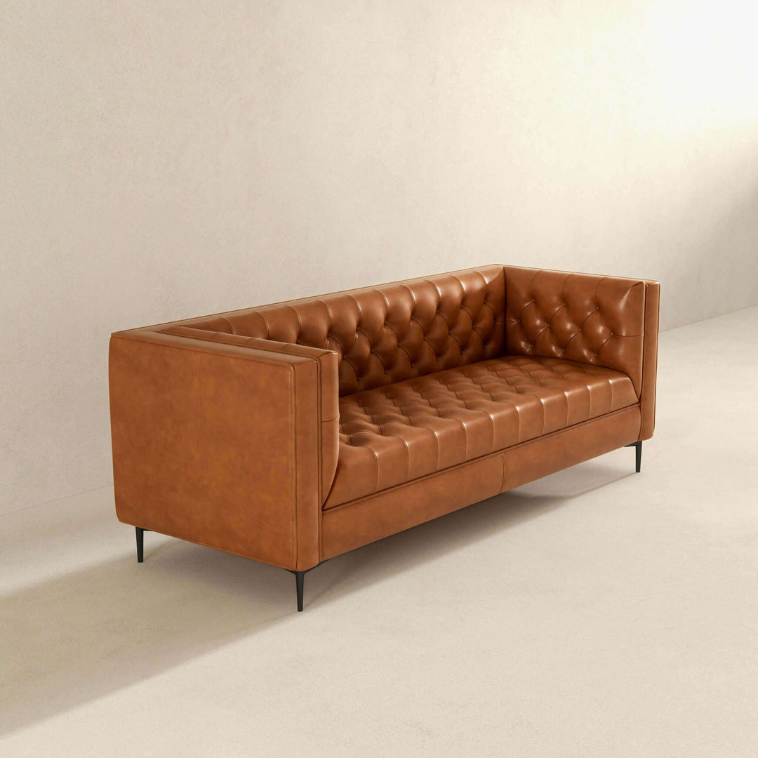 The Evelyn Mid Century Modern Cognac Leather Luxury Chesterfield Sofa Era and Style Inspired Home Décor 4