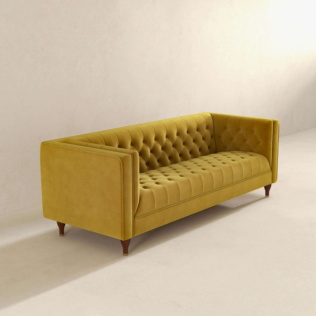 The Evelyn Mid Century Modern Yellow Velvet Luxury Chesterfield Sofa Era and Style Inspired Home Décor 4