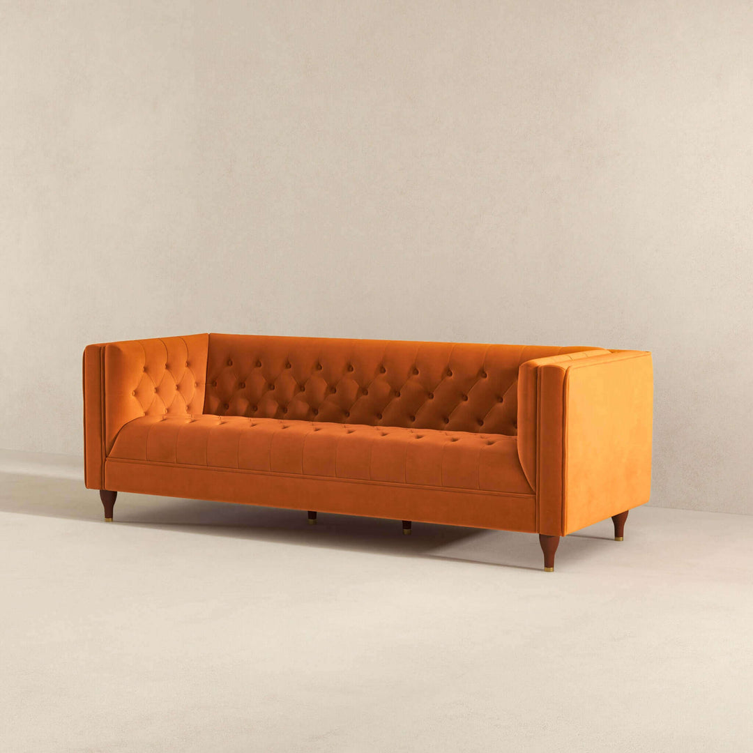 The Evelyn Mid Century Modern Burnt Orange Velvet Luxury Chesterfield Sofa Era and Style Inspired Home Décor 4