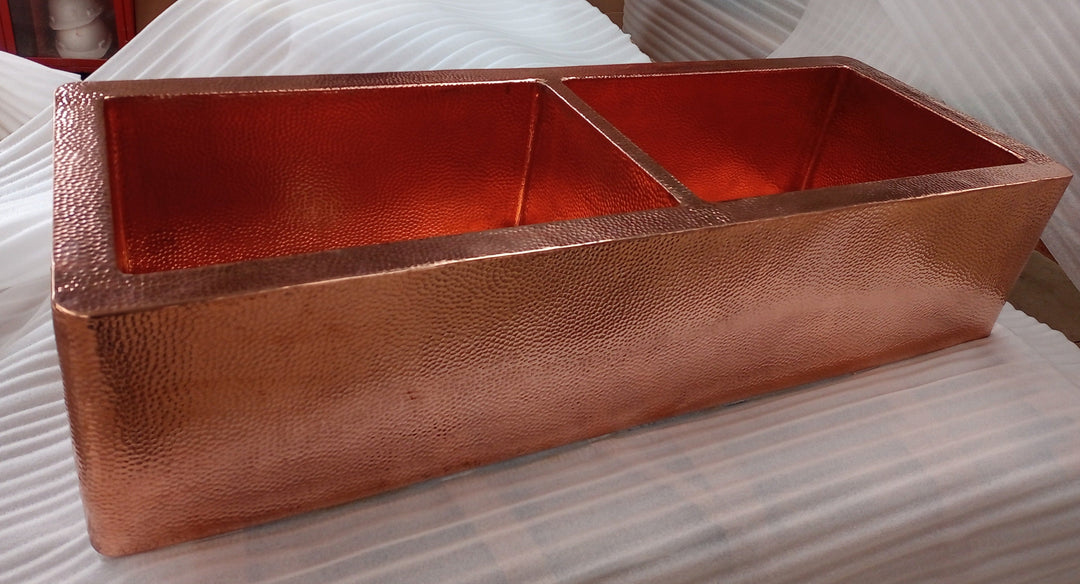 Hammered Copper Double Bowl Farmhouse Kitchen Sink