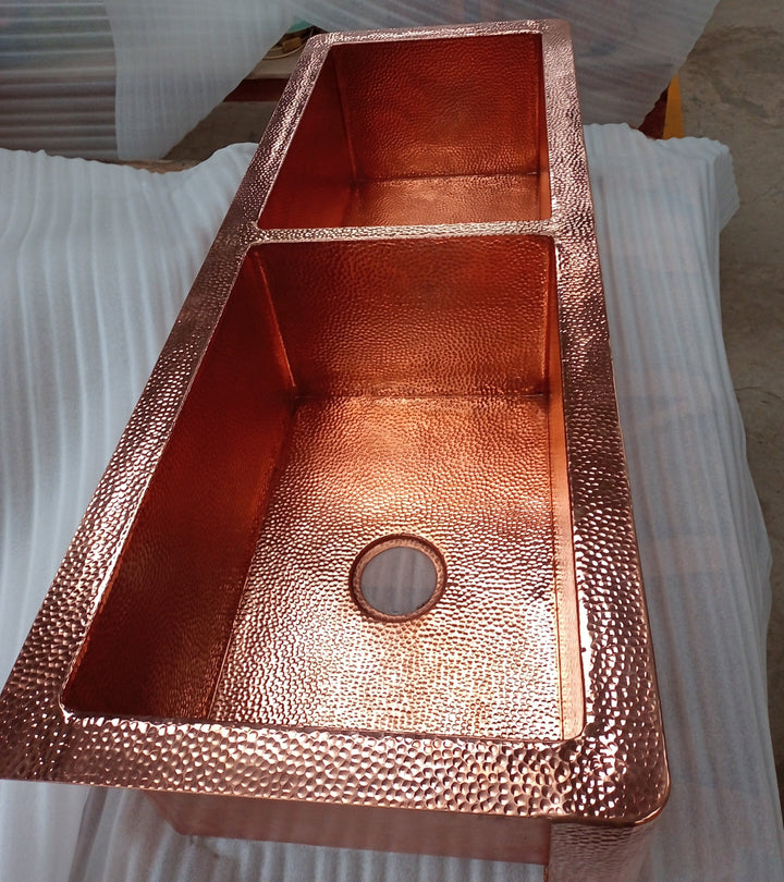 Hammered Copper Double Bowl Farmhouse Kitchen Sink