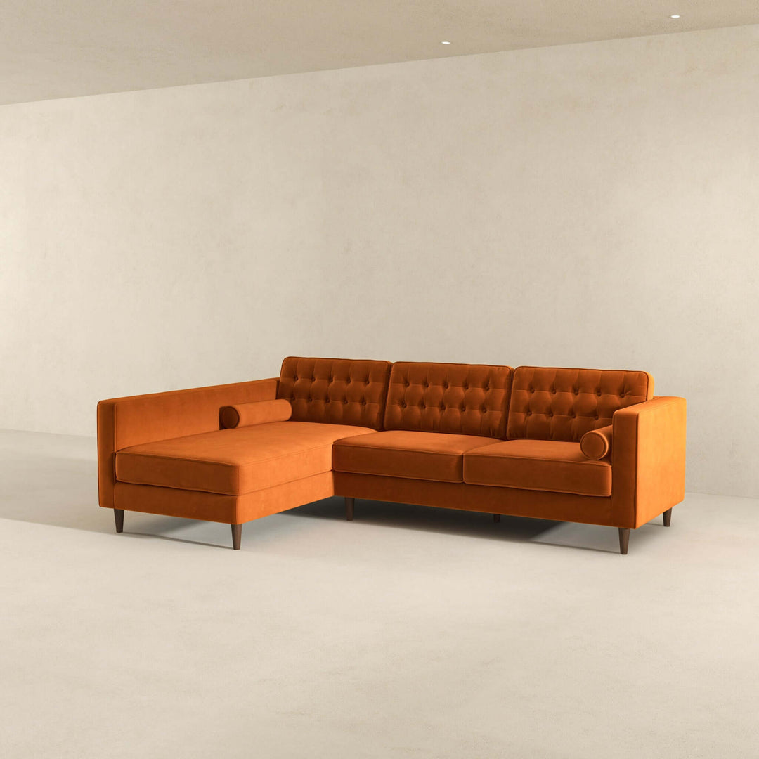 The Christian Burnt Orange Velvet Sectional Sofa Left Facing Era and Style Inspired Home Décor 4