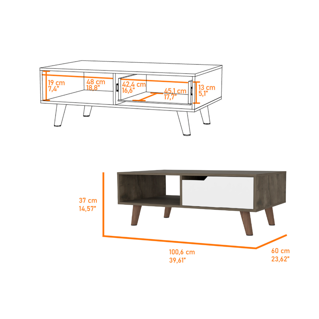 Mid-Century Modern Coffee Table, One Open Shelf, One Drawer