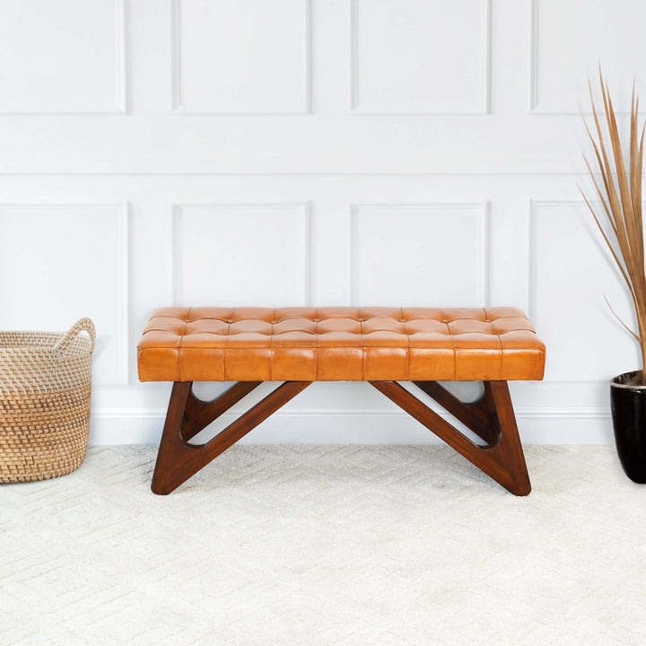 The Mia Tan Leather Bench With Buttons Era and Style Inspired Home Décor 3