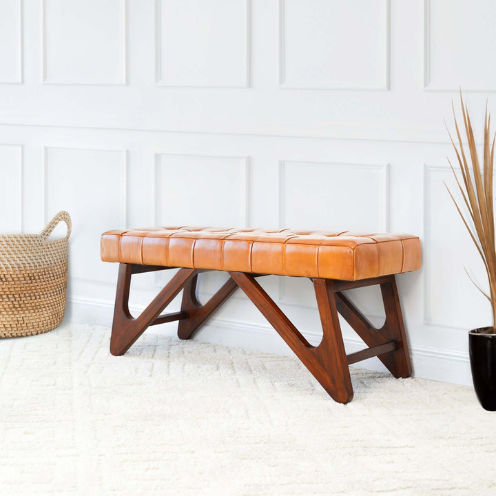 The Mia Tan Leather Bench With Buttons Era and Style Inspired Home Décor 5