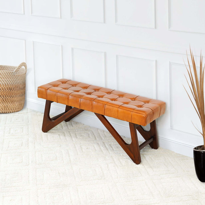 The Mia Tan Leather Bench With Buttons Era and Style Inspired Home Décor 4