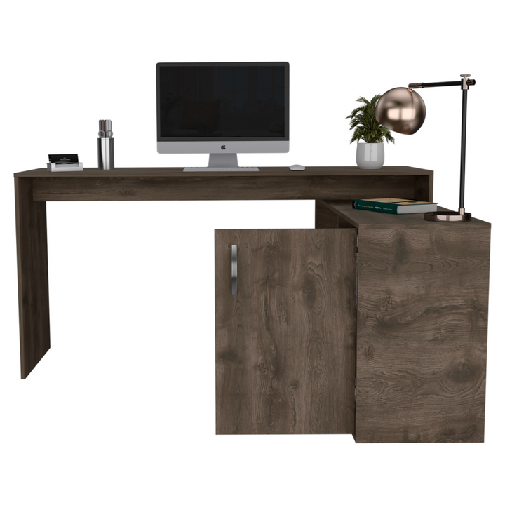 Antlia L-Shaped Writing Desk, Two Shelves, Single Door Cabinet