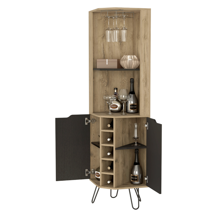 Grace Corner Bar Cabinet, Six Wine Cubbies, Four Shelves, Door, Two Shelves