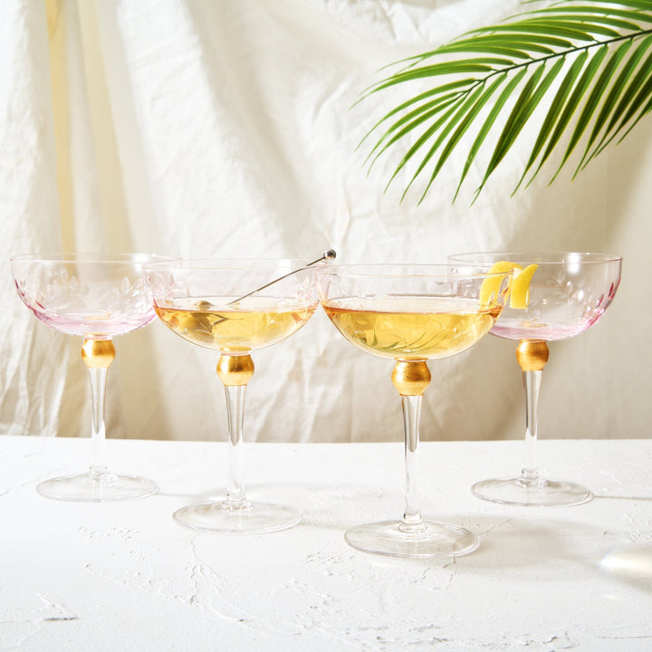 Colored Coupe Art Deco Glasses, Gold | Set of 4 | 8 oz Classic Cocktail Glassware for Champagne, Martini, Manhattan, Sidecar, Crystal Speakeasy Style Goblets Stems (Pink)