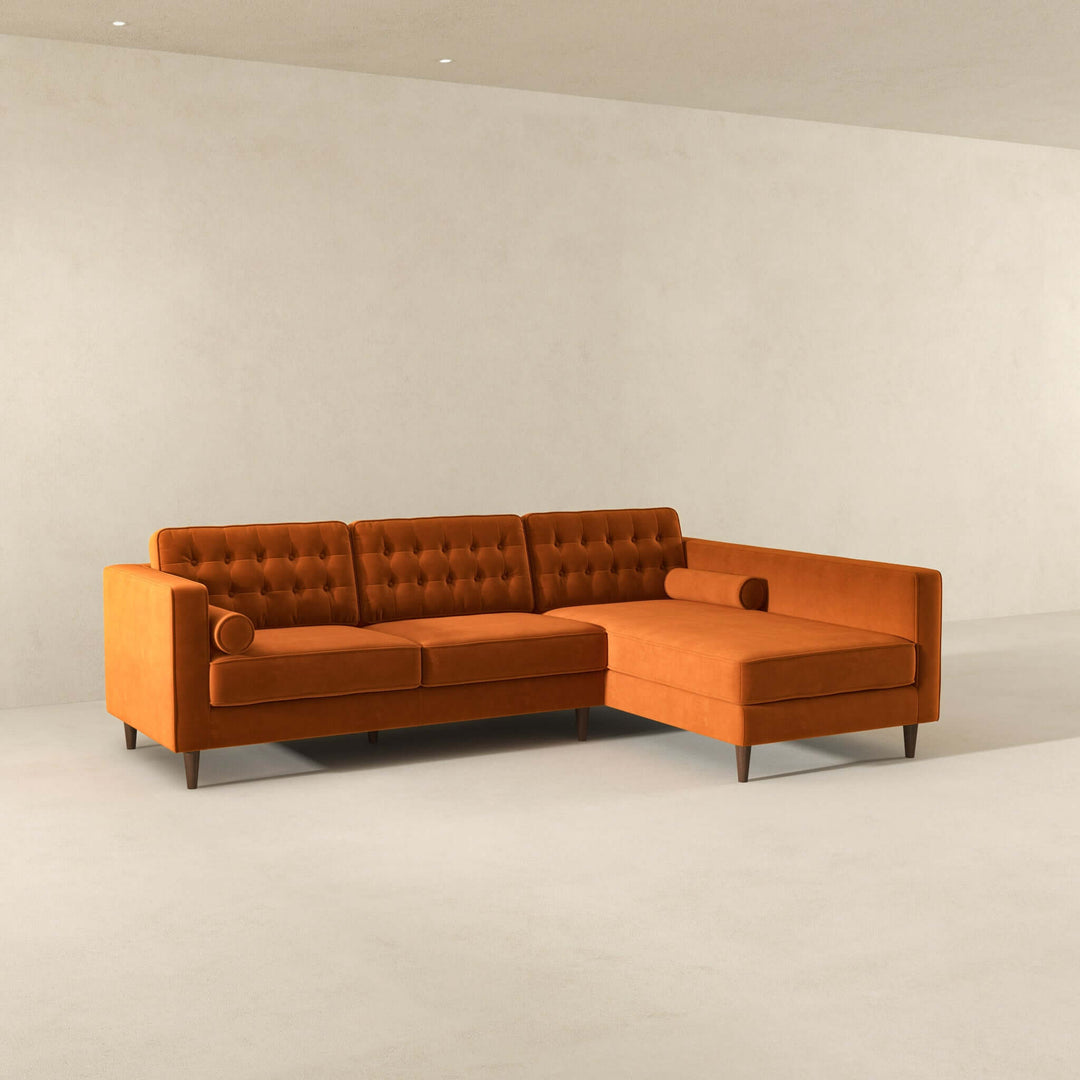 The Christian Burnt Orange Velvet Sectional Sofa Left Facing Era and Style Inspired Home Décor 3