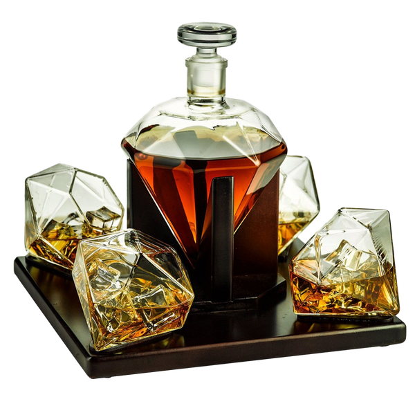 The Wine Savant Diamond Decanter Set – 750ml Whiskey & Wine Decanter with 4 Diamond Glasses and Mahogany Holder | Perfect Gift for Liquor, Scotch, Rum, Bourbon, Vodka, Tequila