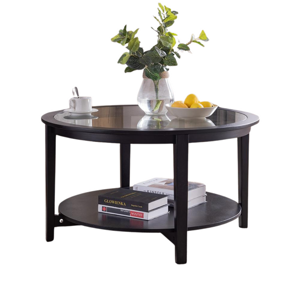 Solid Wood Round Coffee Table with Black Tempered Glass Top