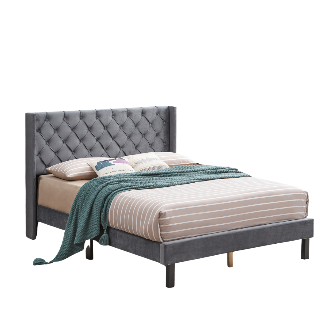 Upholstered Queen Bed with Wings Design