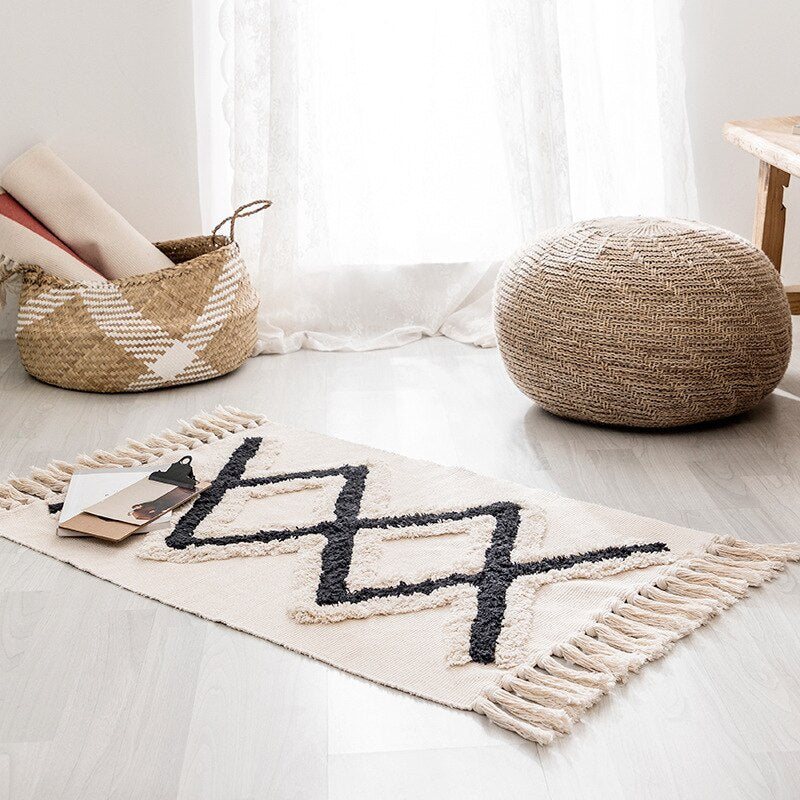 Bohemian Hand-Woven Tassel Carpet Rug - Cotton and Linen Blend