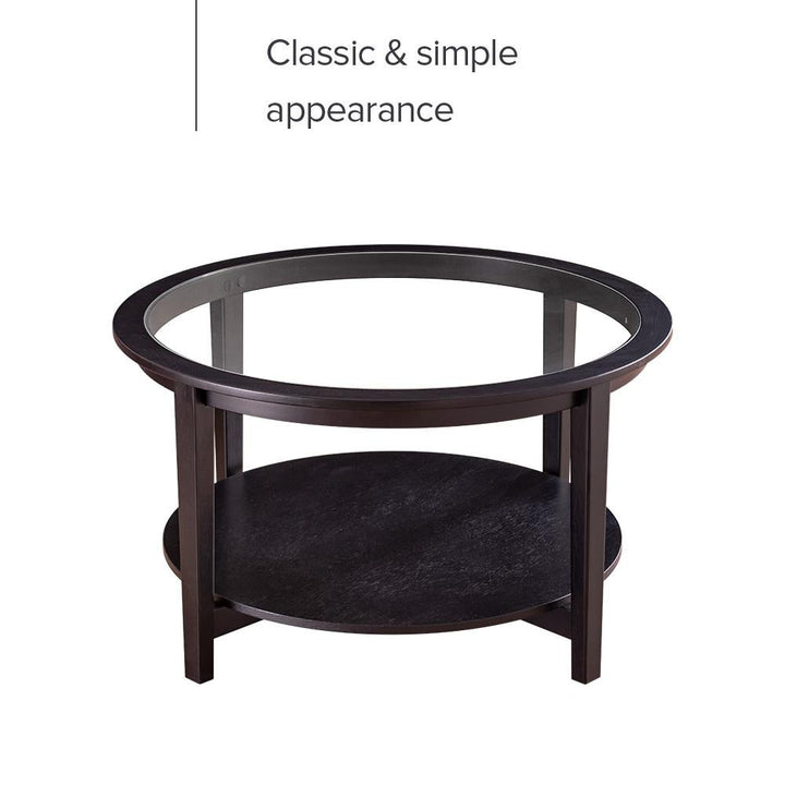 Solid Wood Round Coffee Table with Black Tempered Glass Top