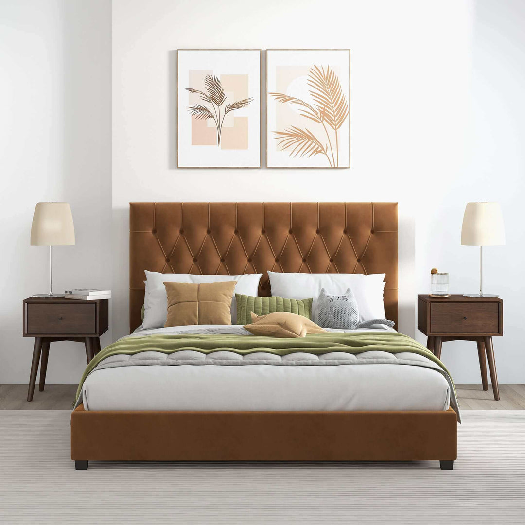 The Donald Mid Century Modern Cognac Velvet Platform Bed King Era and Style Inspired Home Décor 3