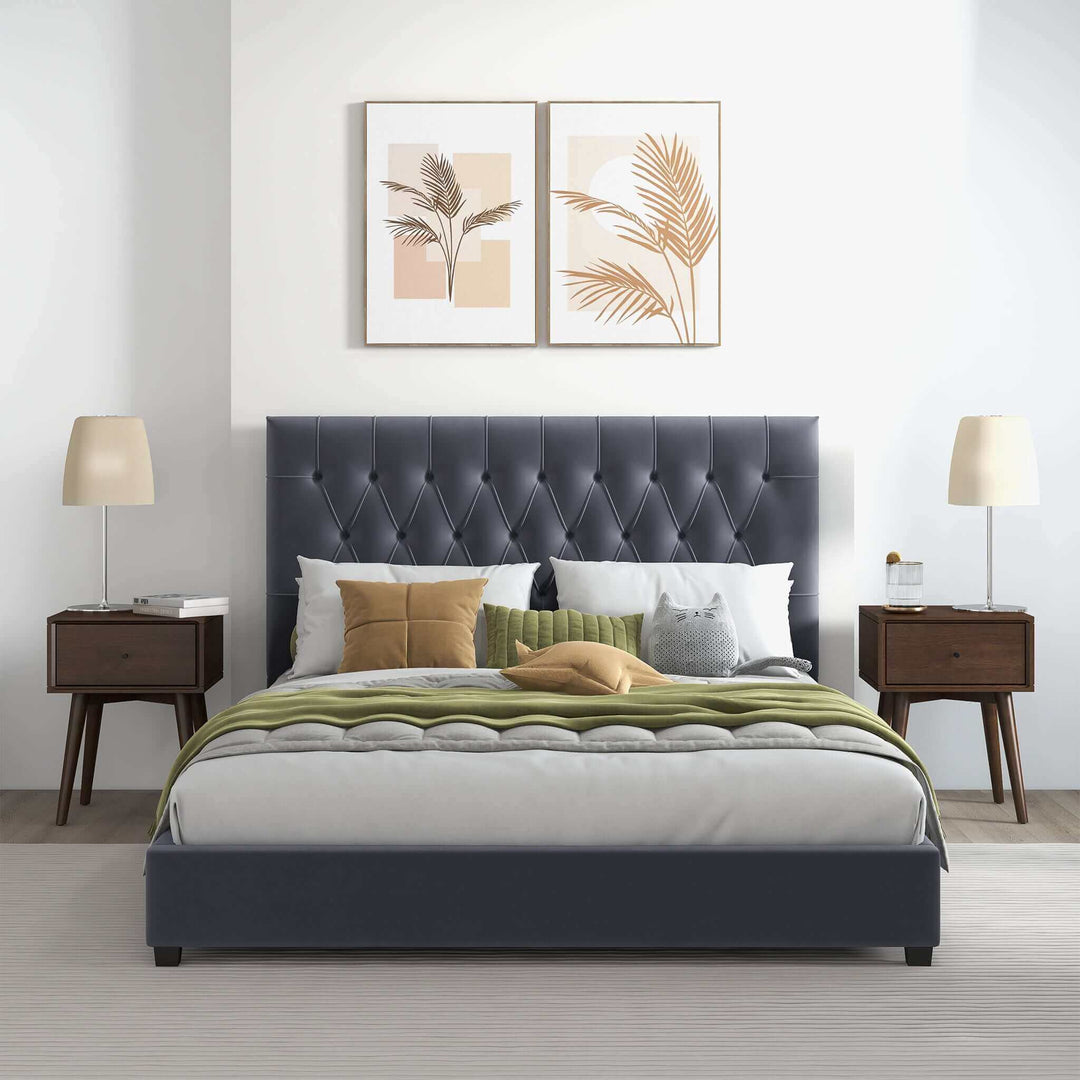 The Donald Mid Century Modern Gray Velvet Platform Bed Queen Era and Style Inspired Home Décor 1