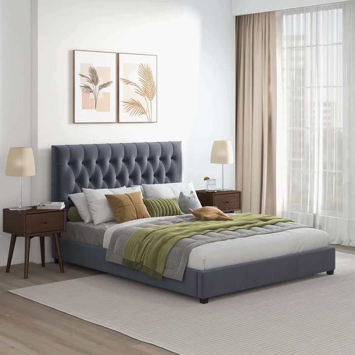 The Donald Mid Century Modern Gray Velvet Platform Bed Queen Era and Style Inspired Home Décor 4