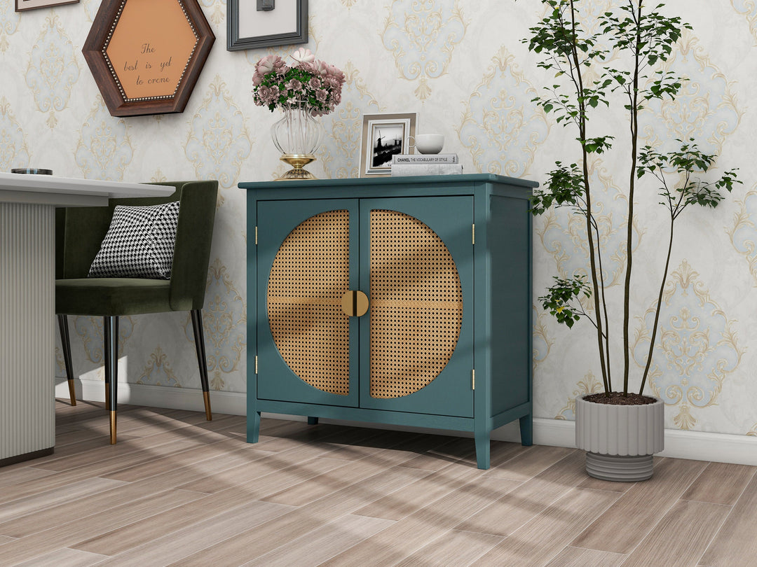 Elegant 2-Door Cabinet with Natural Rattan Weaving