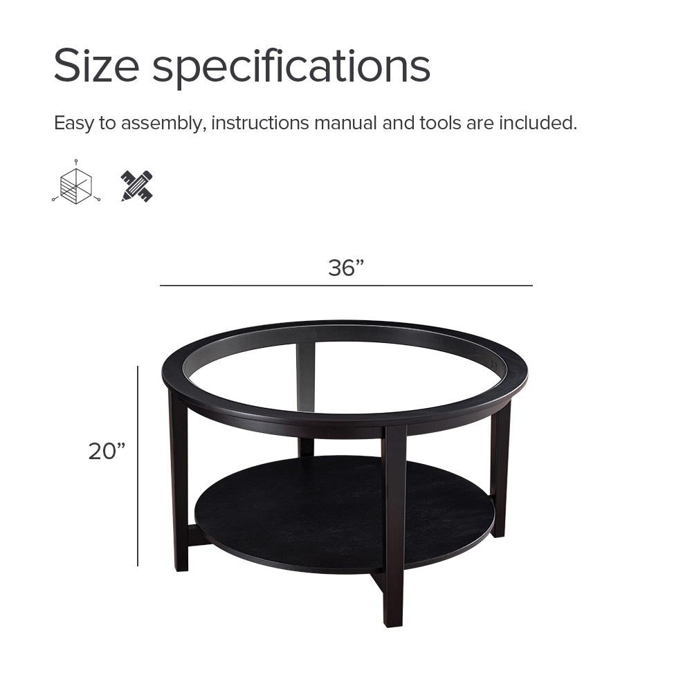 Solid Wood Round Coffee Table with Black Tempered Glass Top