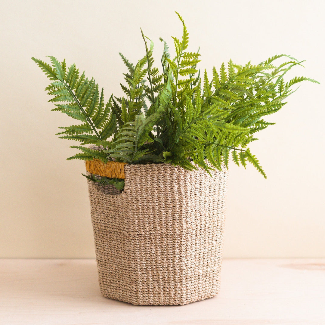 Natural Octagon Basket with Mustard Handle - Handwoven Bin