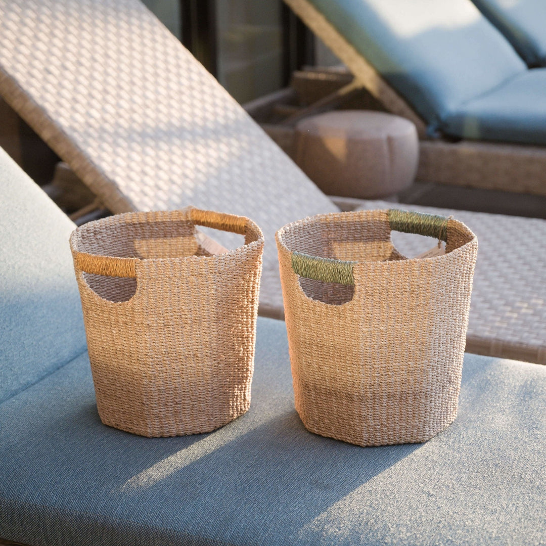 Natural Octagon Basket with Mustard Handle - Handwoven Bin