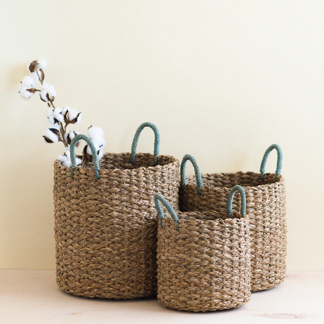 Seagrass Woven Baskets with Sky Blue Handle Set of 3 - Straw Baskets