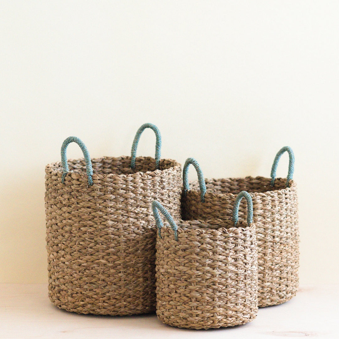 Seagrass Woven Baskets with Sky Blue Handle Set of 3 - Straw Baskets