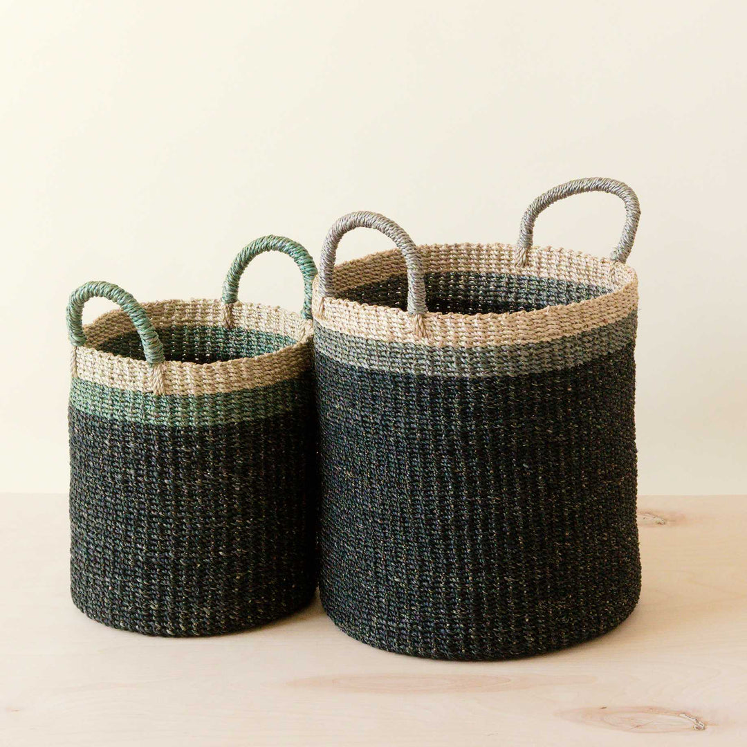 Handcrafted Black Baskets with Handle, set of 2 - Floor Baskets