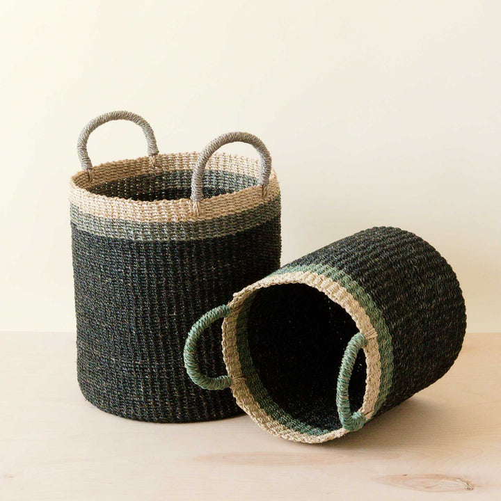 Handcrafted Black Baskets with Handle, set of 2 - Floor Baskets