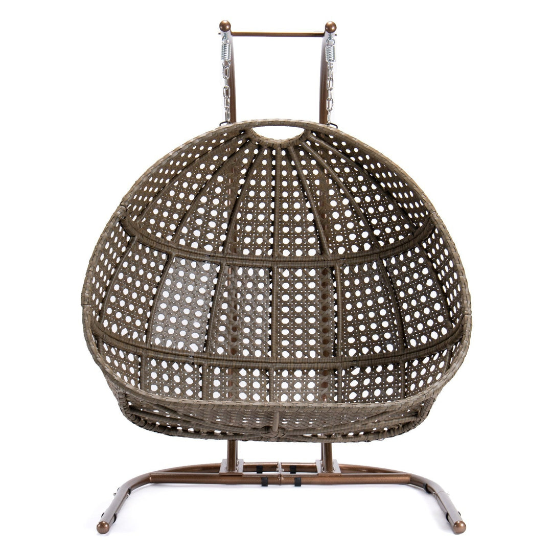 Outdoor Brown Wicker Double-Seat Swing Chair with Stand