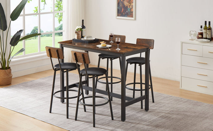 Rustic Brown Bar Table Set with 4 PU Soft Seat Bar Stools