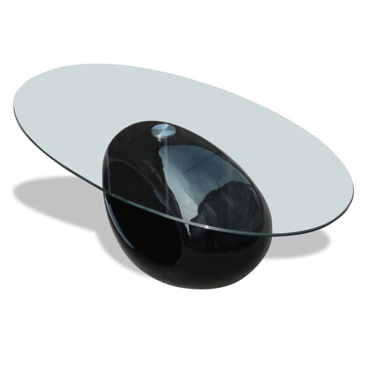 Modern Glossy Black Coffee Table with Oval Glass Top