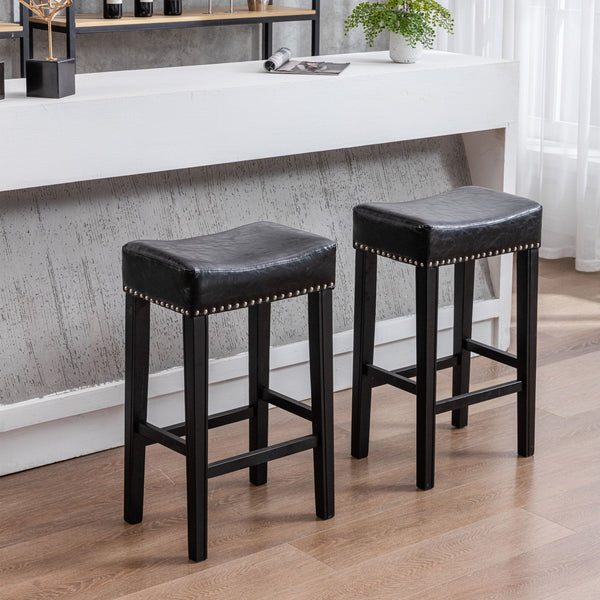 Set of 2 Farmhouse Style Faux Leather Stools