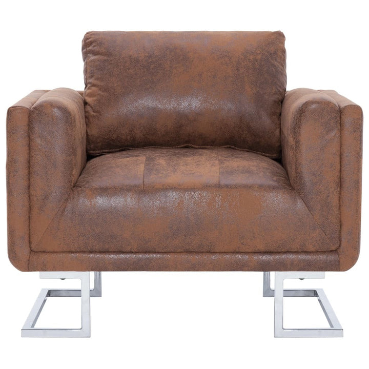 Brown Faux Suede Leather Cube Armchair