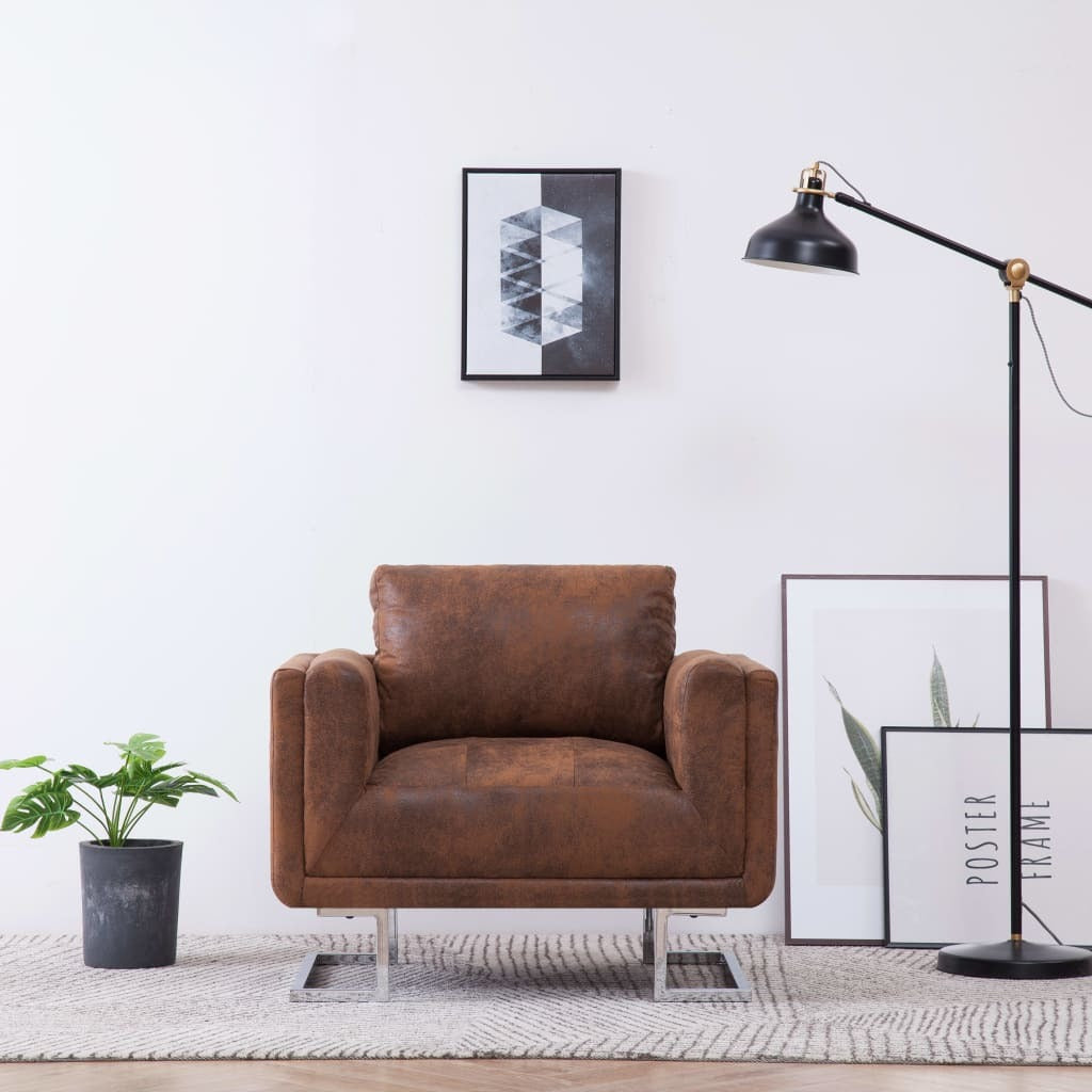 Brown Faux Suede Leather Cube Armchair