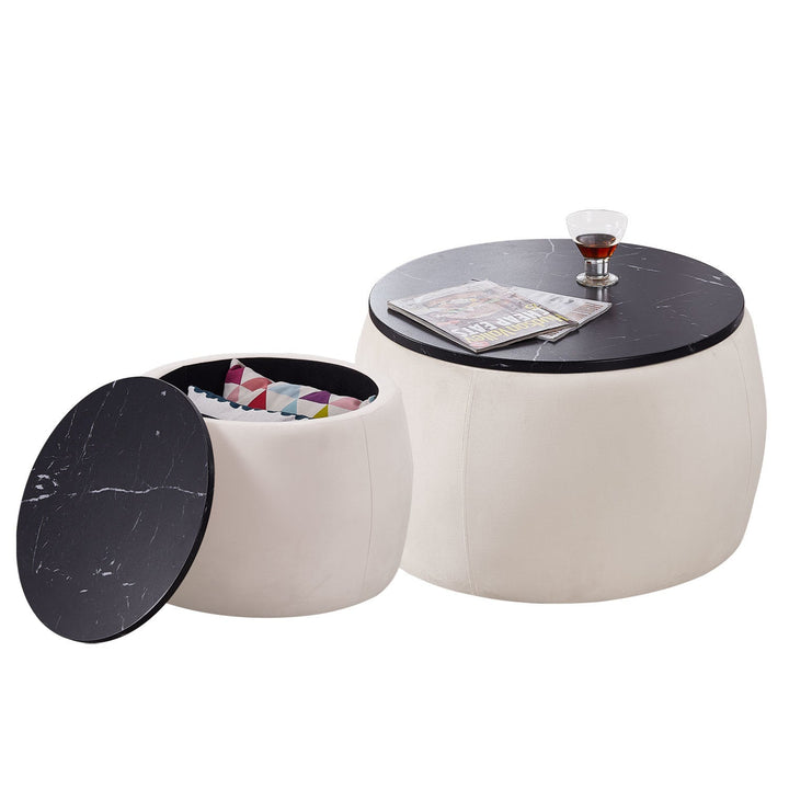 Set of 2 Round Nesting Coffee Tables with Ottoman Storage