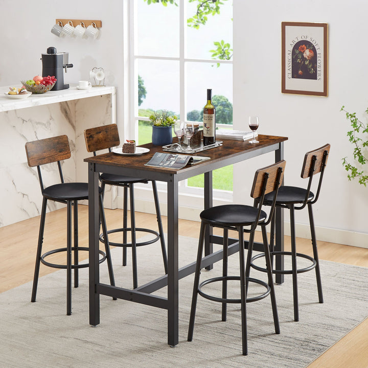 Rustic Brown Bar Table Set with 4 PU Soft Seat Bar Stools