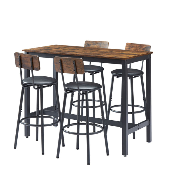 Rustic Brown Bar Table Set with 4 PU Soft Seat Bar Stools