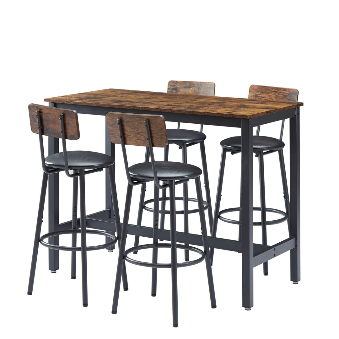 Rustic Brown Bar Table Set with 4 PU Soft Seat Bar Stools