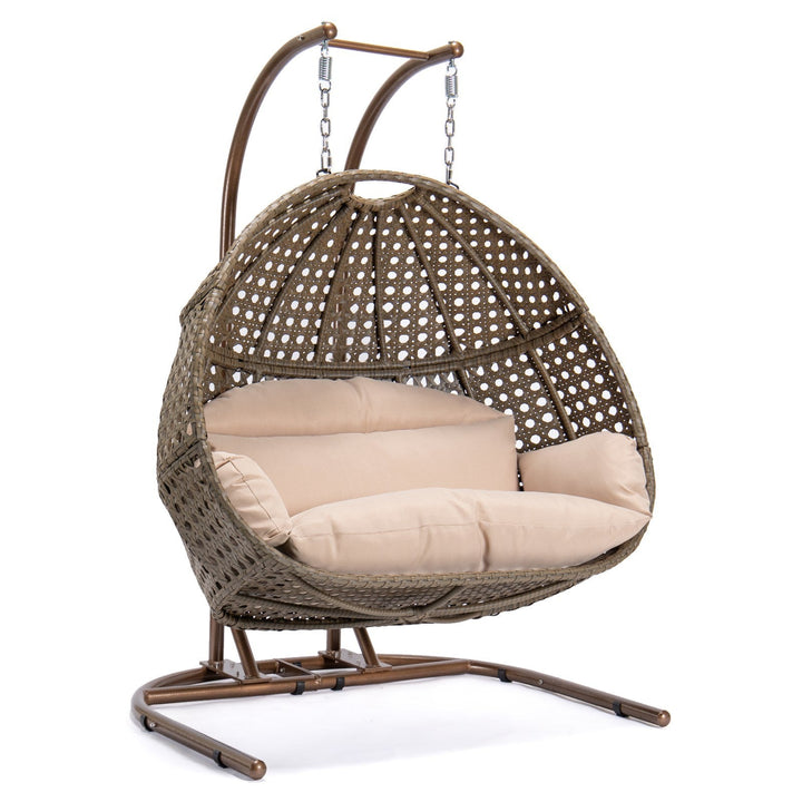 Outdoor Brown Wicker Double-Seat Swing Chair with Stand