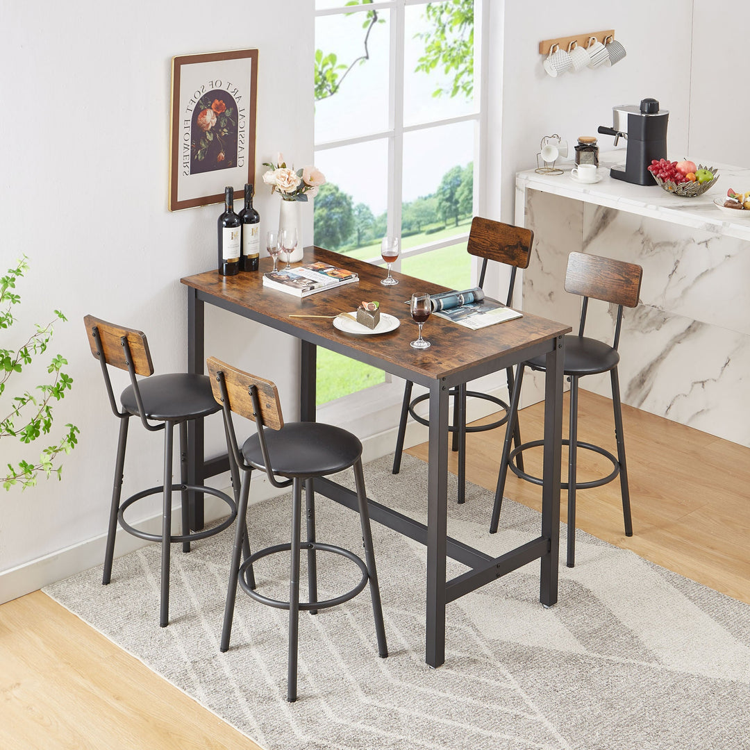 Rustic Brown Bar Table Set with 4 PU Soft Seat Bar Stools