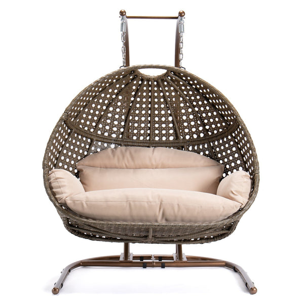 Outdoor Brown Wicker Double-Seat Swing Chair with Stand