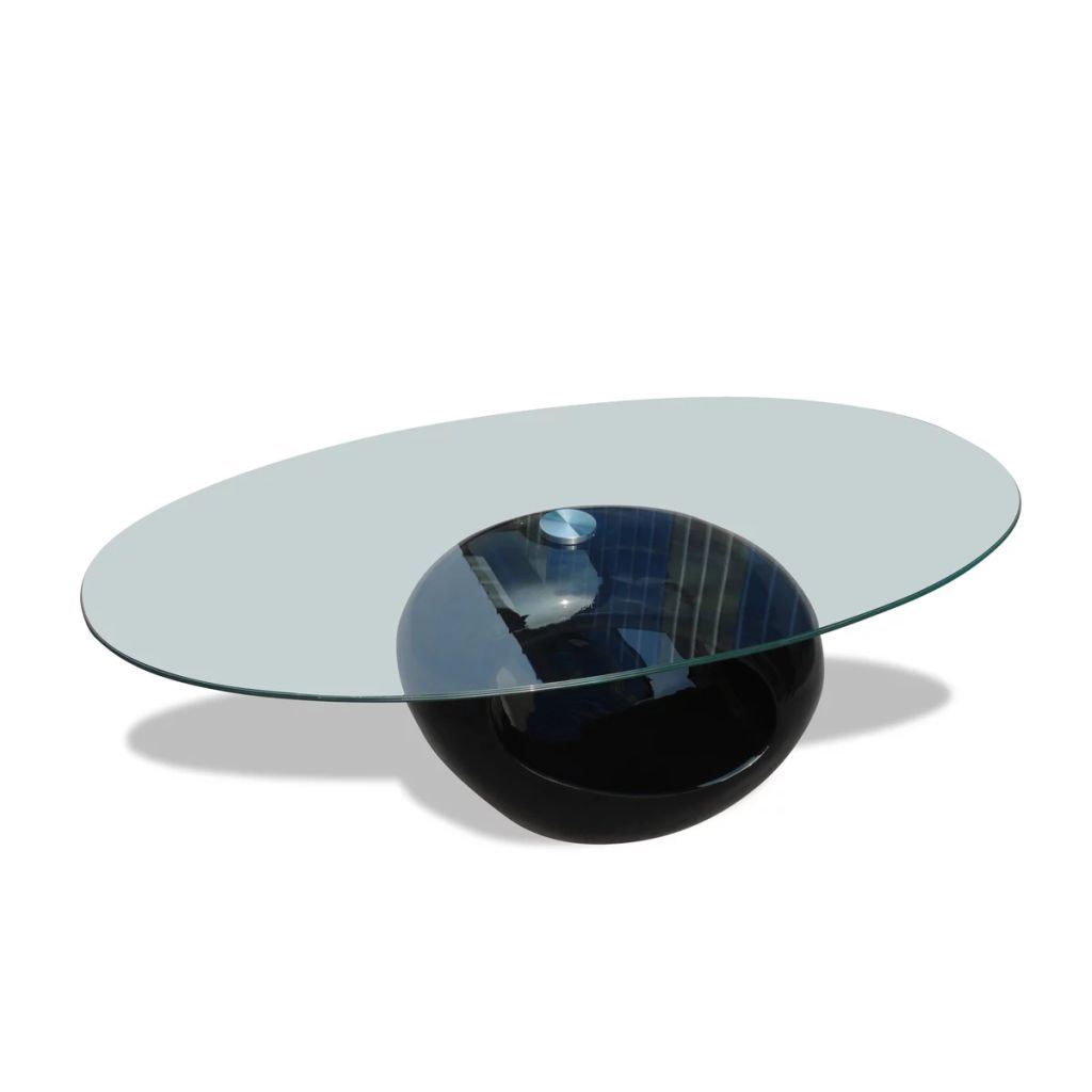 Modern Glossy Black Coffee Table with Oval Glass Top