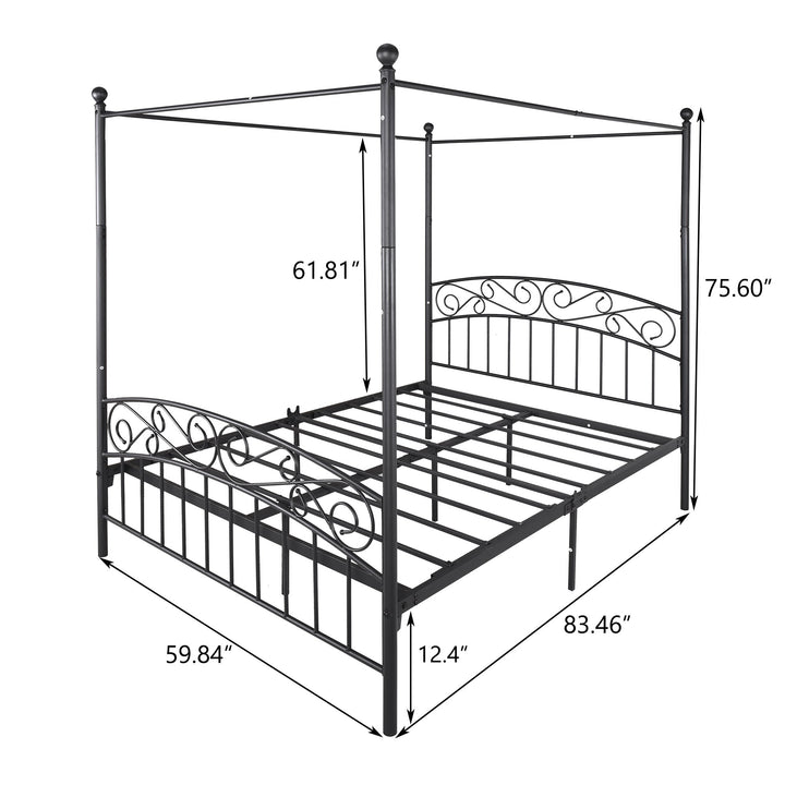 Metal Canopy Bed Frame with Ornate European Style Headboard