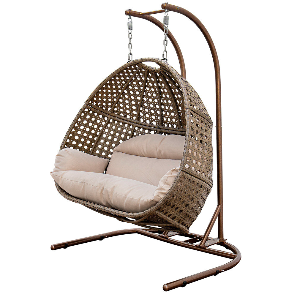 Outdoor Brown Wicker Double-Seat Swing Chair with Stand