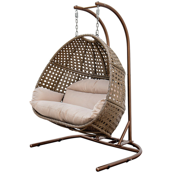 Outdoor Brown Wicker Double-Seat Swing Chair with Stand