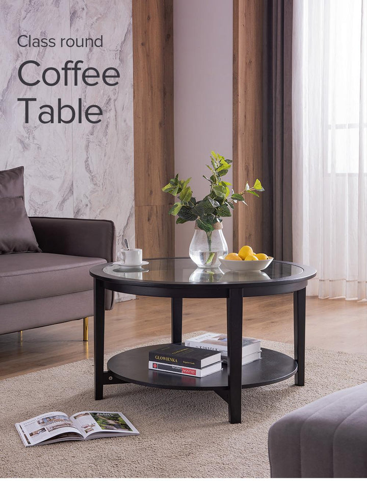 Solid Wood Round Coffee Table with Black Tempered Glass Top