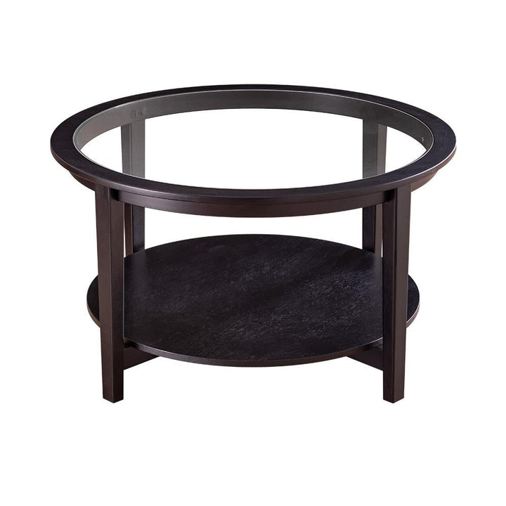 Solid Wood Round Coffee Table with Black Tempered Glass Top